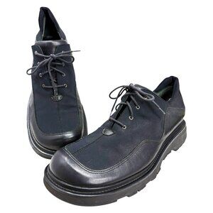 Janet & Janet Black Leather Textile Chunky Platform Oxford Shoes